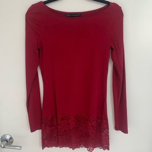 White House Black Market - red tunic top, lace border at hips, long sleeves - XS